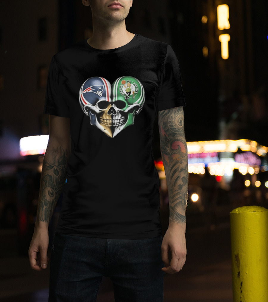 Boston Celtics And New England Patriots Skull Heart T-Shirt
