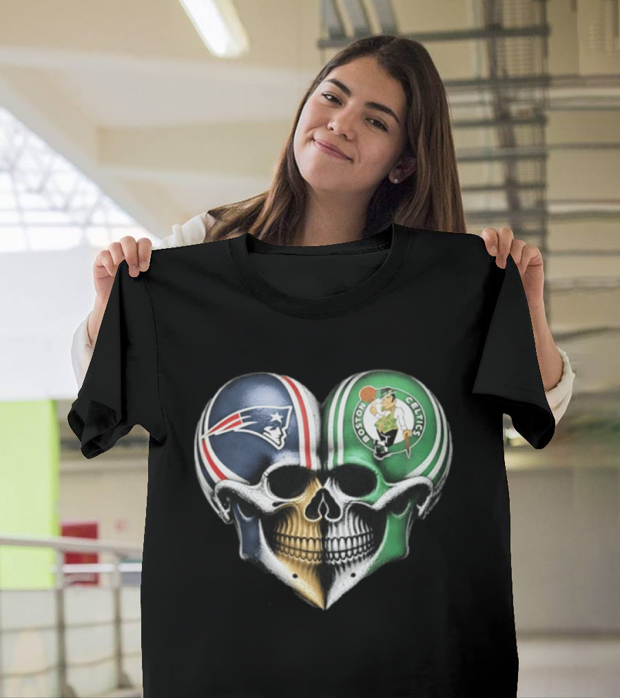 Boston Celtics And New England Patriots Skull Heart T-Shirt