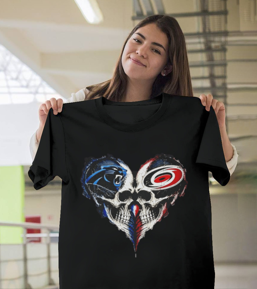 Carolina Panthers And Carolina Hurricanes Heart Skulls T-Shirt