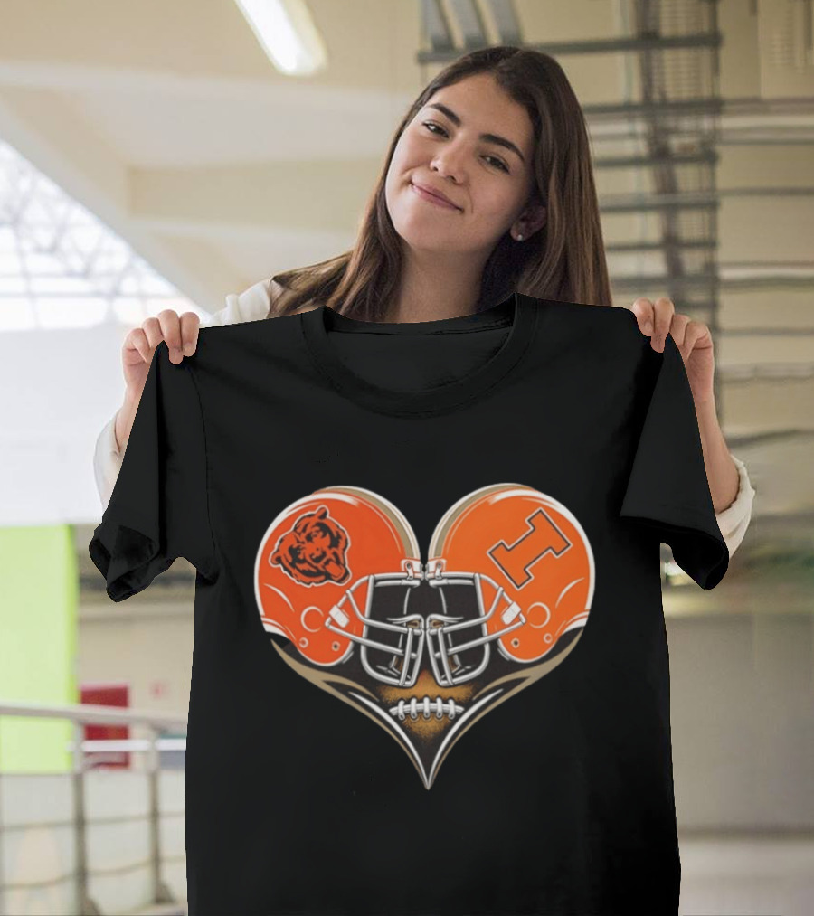 Chicago Bears And Illinois Fighting Illini Helmet Heart T-Shirt
