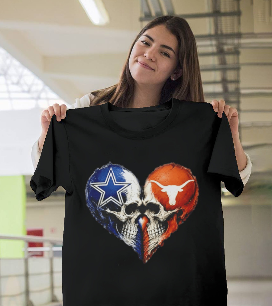 Dallas Cowboys And Texas Longhorns Skulls Heart T-Shirt