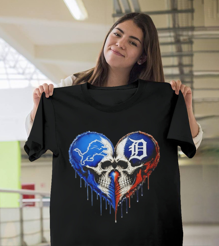 Detroit Lions And Detroit Tigers Skull Heart T-Shirt