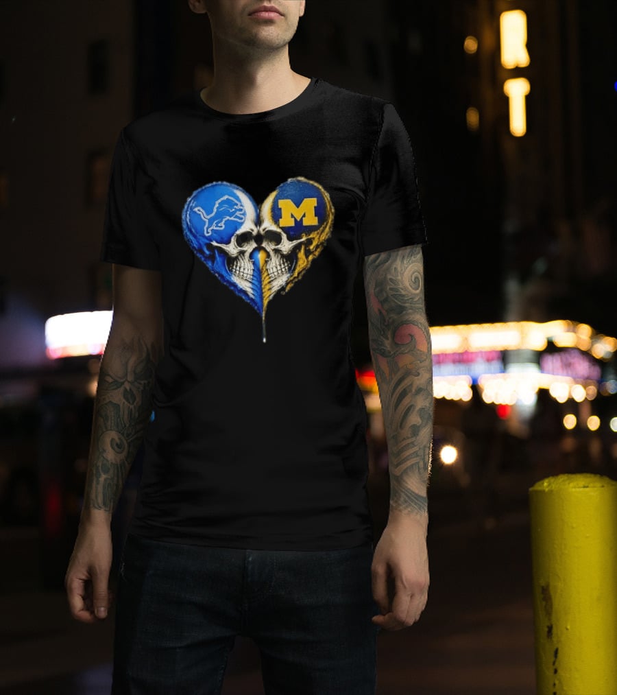 Detroit Lions And Michigan Wolverines Heart Skulls T-Shirt