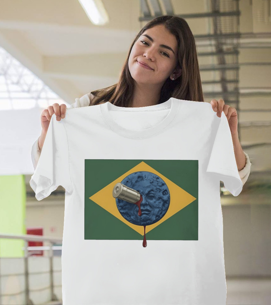 Brazil Flag Moon Face With Bullet And Bleeding Effect T-Shirt