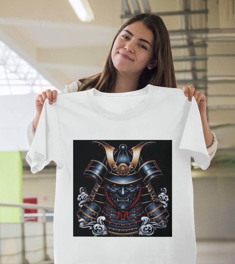 Samurai Warrior Mask Helmet With Traditional Armor And Red Accents T-Shirt