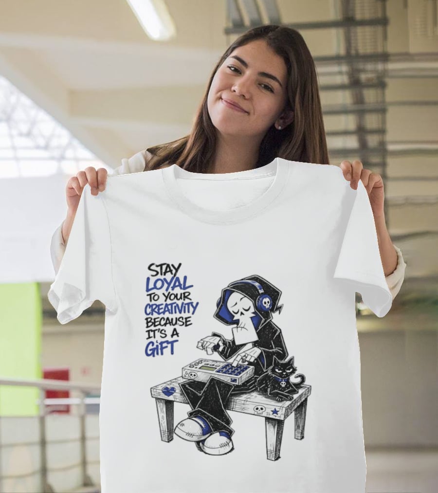 Stay Loyal To Your Creativity Grim Reaper Music Producer With Cat T-Shirt
