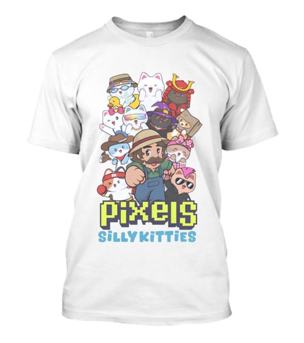 Pixels Silly Kitties Character Collage With Mustached Figure And Cute Cat Ensemble T-Shirt