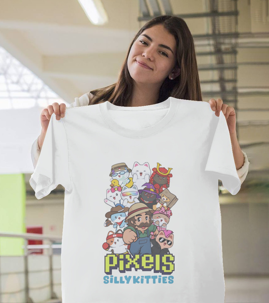 Pixels Silly Kitties Character Collage With Mustached Figure And Cute Cat Ensemble T-Shirt