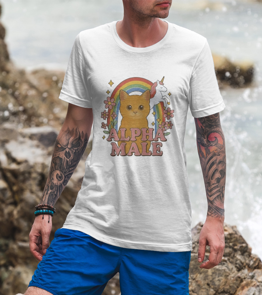 Alpha Male Cat With Unicorn Rainbow And Flowers T-Shirt