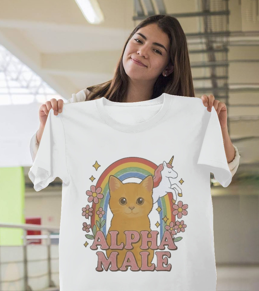 Alpha Male Cat With Unicorn Rainbow And Flowers T-Shirt