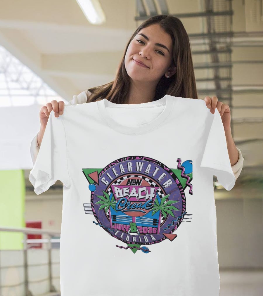AEW Beach Break Clearwater Florida July 8 2026 Wrestling Event Tropical Palm Trees And Retro Waves T-Shirt