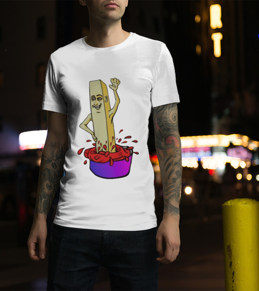 French Fry With Face Humorously Dipping In Ketchup Bowl T-Shirt