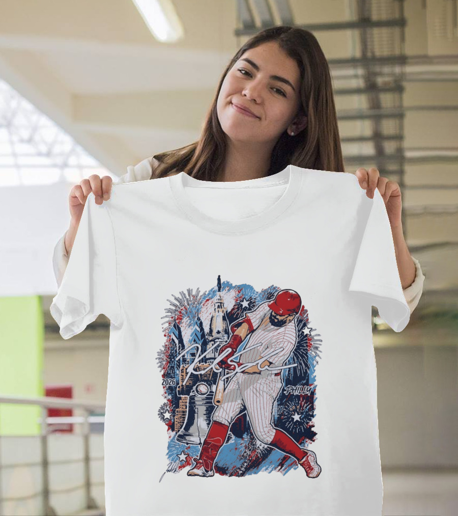 Kyle Schwarber Philly 2026 Swinging Bat Fireworks Liberty Bell T-Shirt