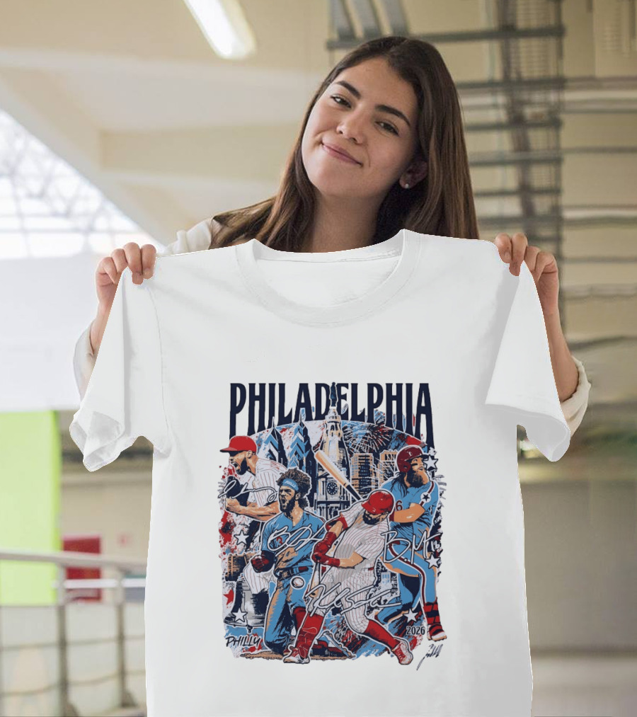 Philadelphia Phillies Stars Skyline 2026 Philly Batter Montage T-Shirt
