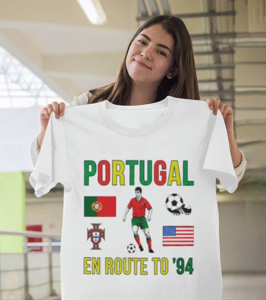 Portugal En Route To '94 World Cup Journey Footballer And Flags T-Shirt