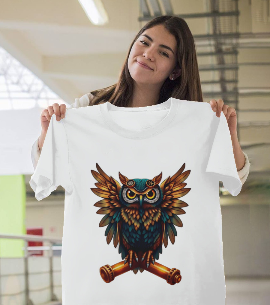 Steampunk Owl With Gears And Pistons Mechanic Aesthetic T-Shirt