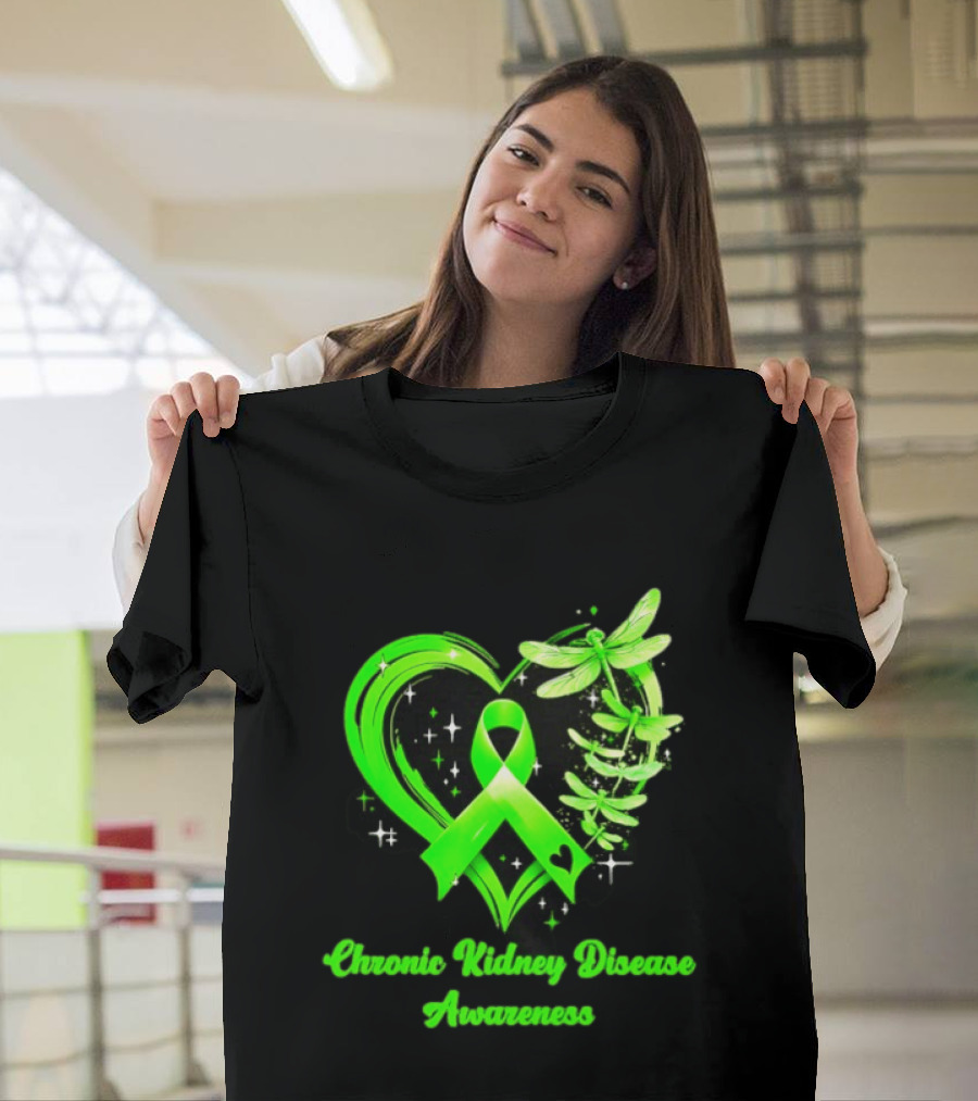Chronic Kidney Disease Awareness Green Ribbon Heart And Dragonfly T-Shirt