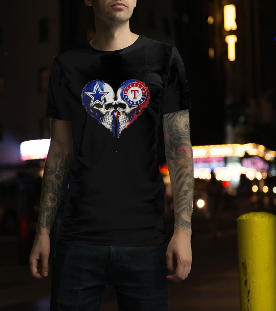 Dallas Cowboys Star And Texas Rangers Skull Heart T-Shirt