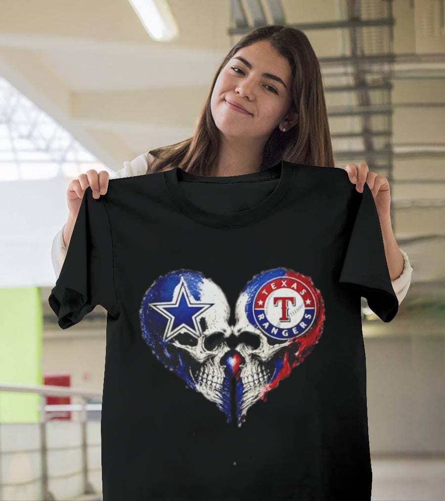 Dallas Cowboys Star And Texas Rangers Skull Heart T-Shirt