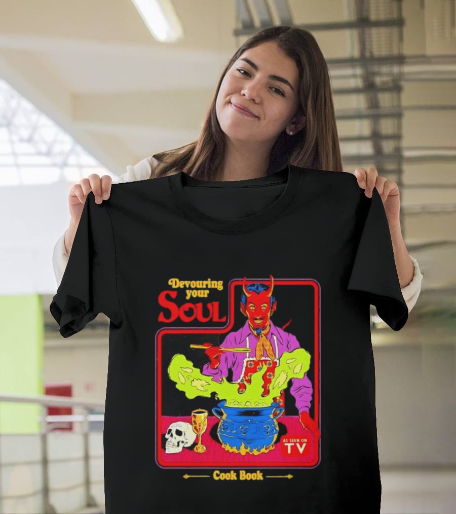 Devouring Your Soul Cook Book Steven Rhodes Retro Devil Cooking As Seen On TV Horror T-Shirt