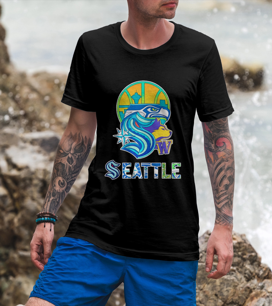 Seattle Seahawks Washington Huskies Skyline Collage With Space Needle And Compass Rose T-Shirt