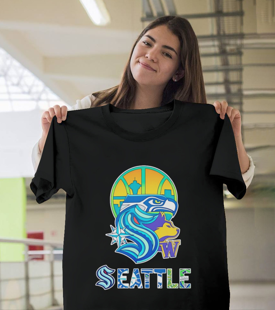 Seattle Seahawks Washington Huskies Skyline Collage With Space Needle And Compass Rose T-Shirt