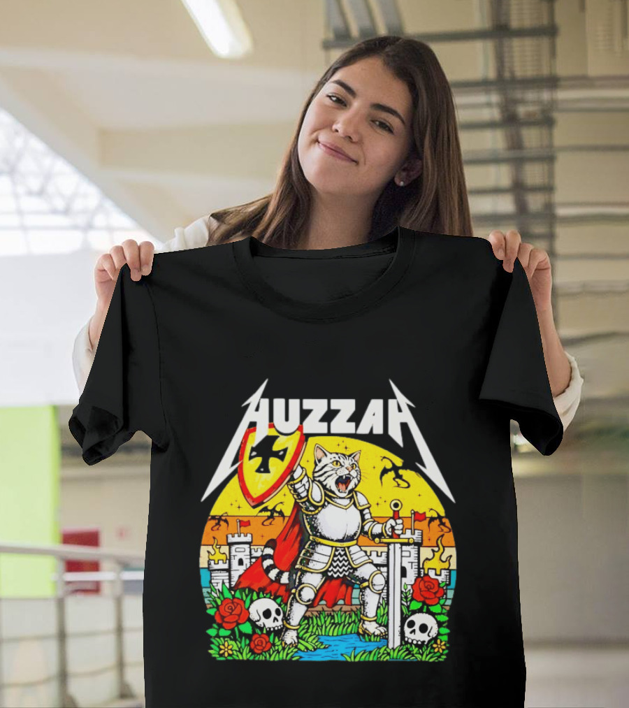 Huzzah Cat Knight Medieval Fantasy With Shield And Sword In Castle Scene T-Shirt
