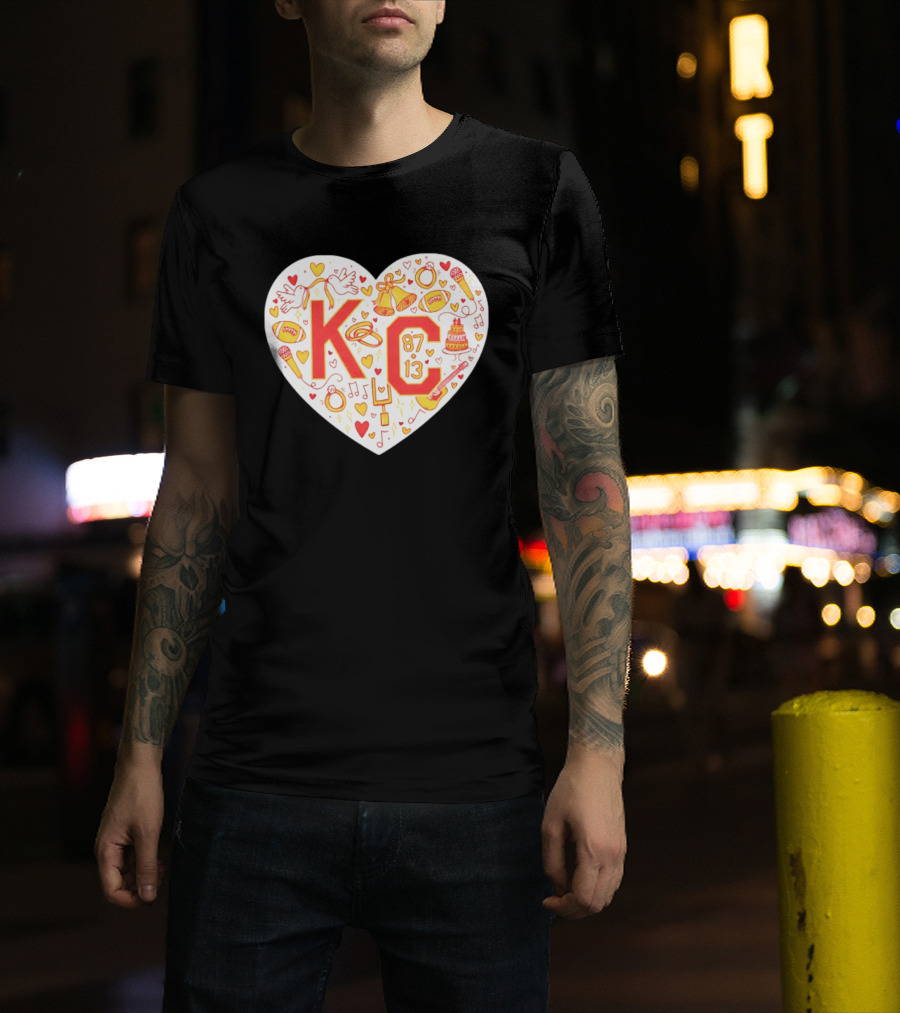 KC 87 13 Heart With Football Rings Music Bells Cake And Guitar T-Shirt