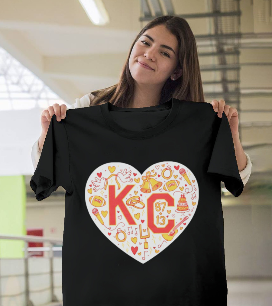 KC 87 13 Heart With Football Rings Music Bells Cake And Guitar T-Shirt