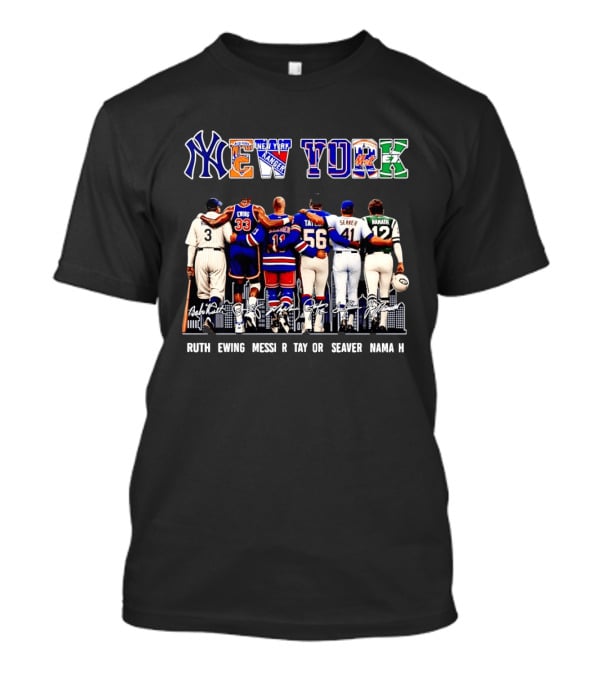 NY Sports Legends New York Yankees Knicks Rangers Mets Giants Jets Ruth Ewing Messier Taylor Seaver Namath T-Shirt