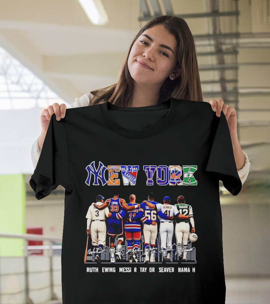 NY Sports Legends New York Yankees Knicks Rangers Mets Giants Jets Ruth Ewing Messier Taylor Seaver Namath T-Shirt