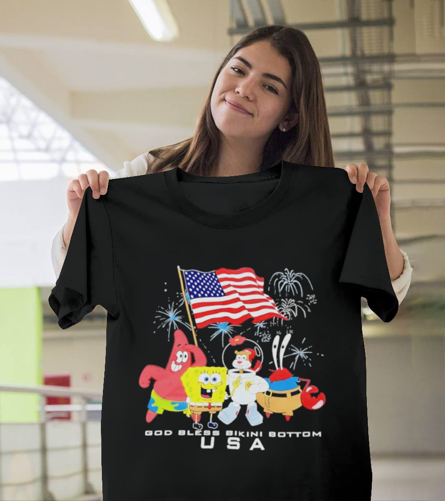 God Bless Bikini Bottom USA Sponge 4th Of July Celebration T-Shirt