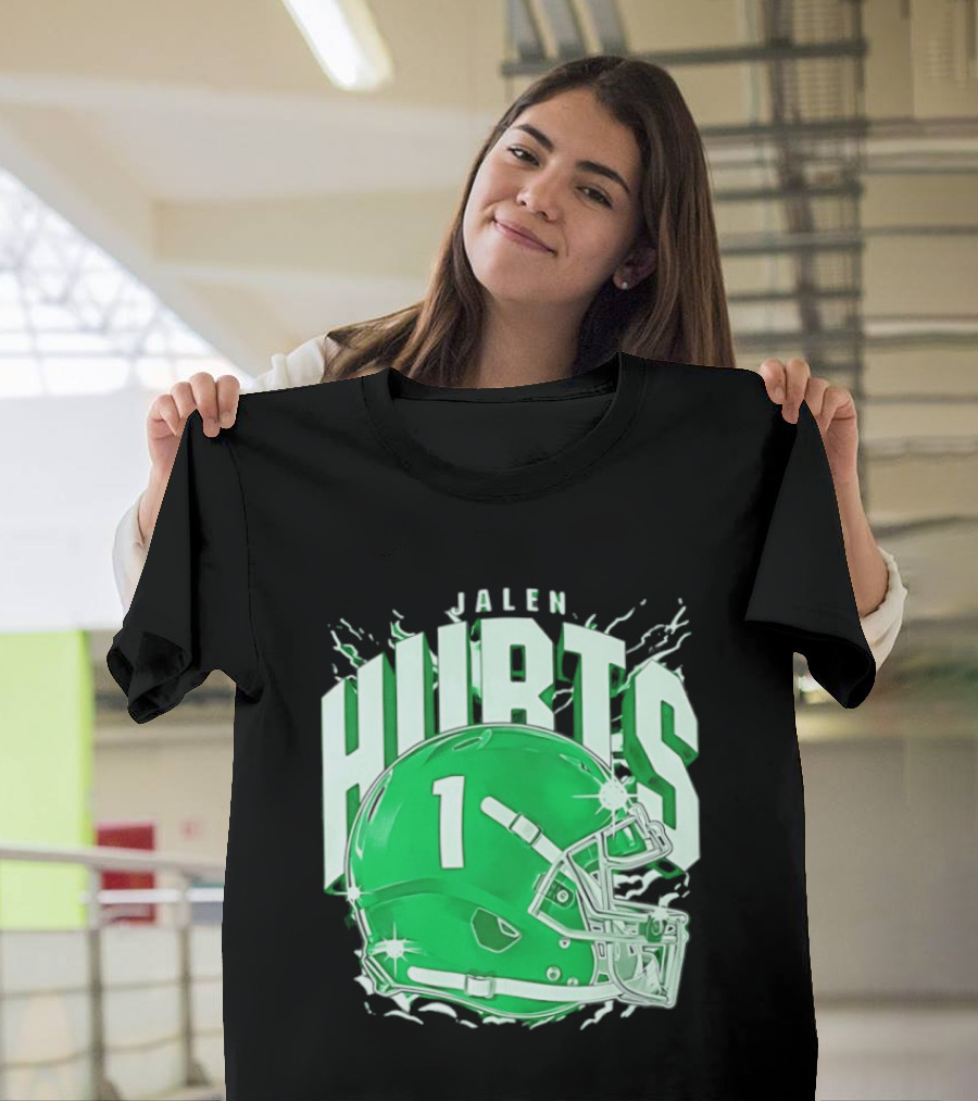 Jalen Hurts 1 Philadelphia Eagles Green Helmet Football T-Shirt