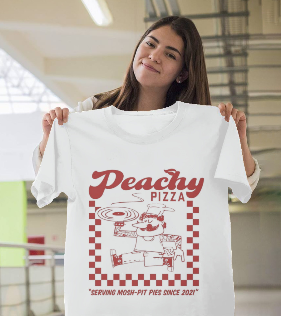 Peachy Pizza Serving Mosh Pit Pies Since 2021 Checkerboard Comic T-Shirt