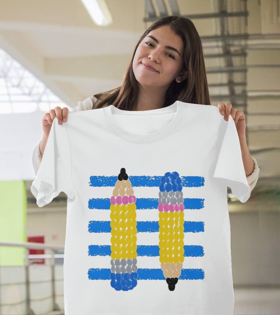 Beaded Pencils And Blue Stripes T-Shirt