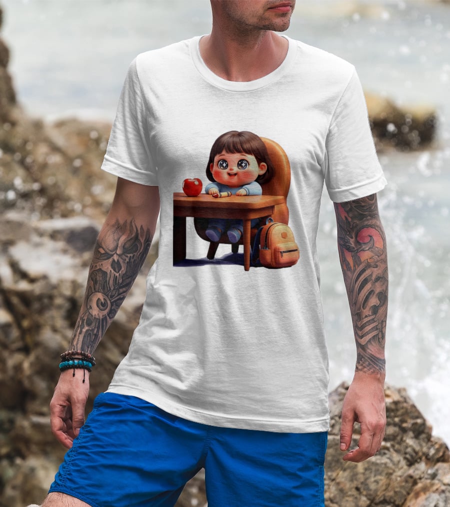 Cartoon Girl With Apple Backpack At Desk T-Shirt