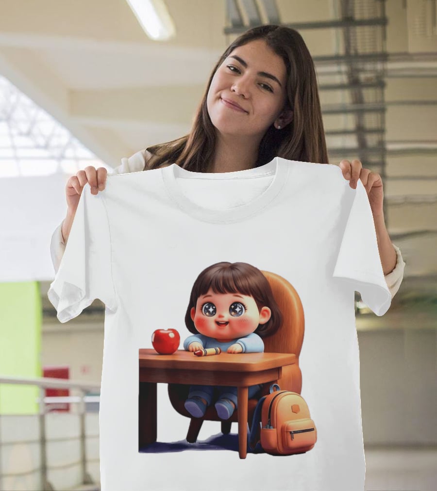 Cartoon Girl With Apple Backpack At Desk T-Shirt