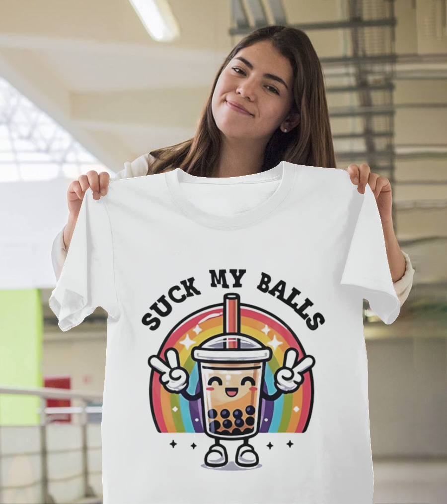 Suck My Balls Boba Tea Rainbow Peace Sign T-Shirt