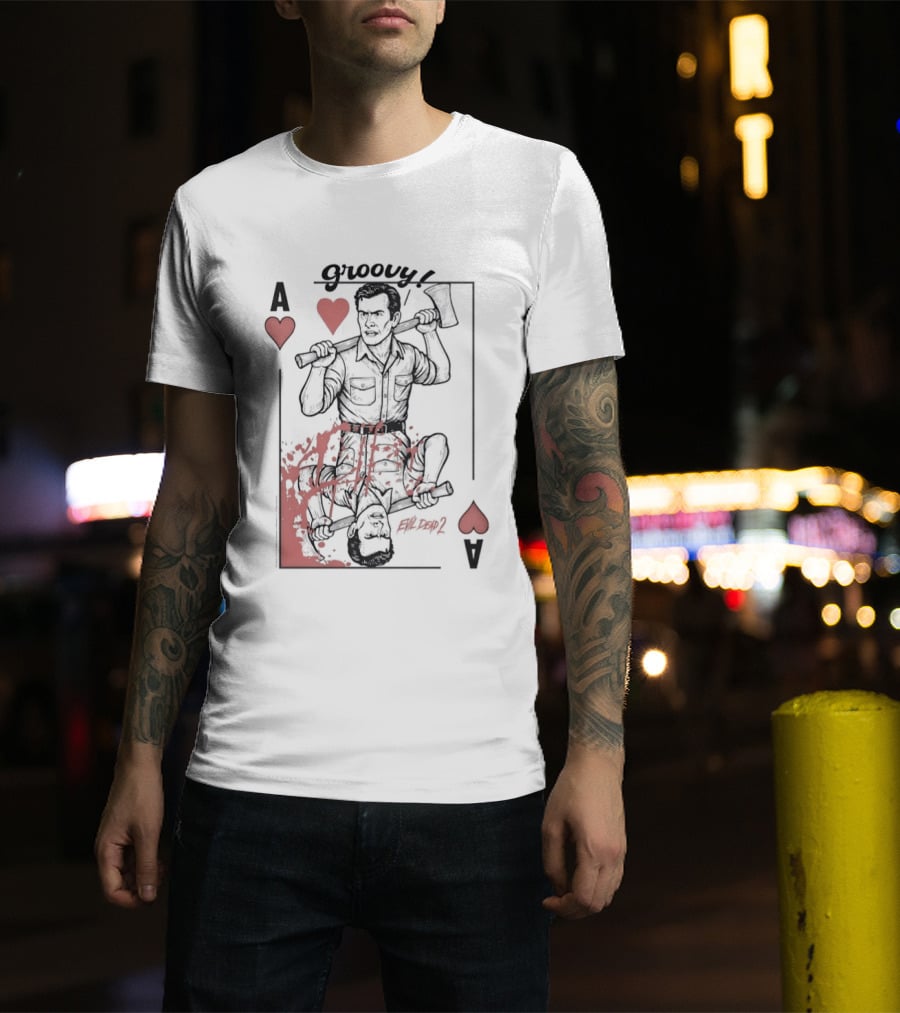 Groovy Ash Evil Dead 2 Ace Of Hearts Chainsaw Playing Card T-Shirt