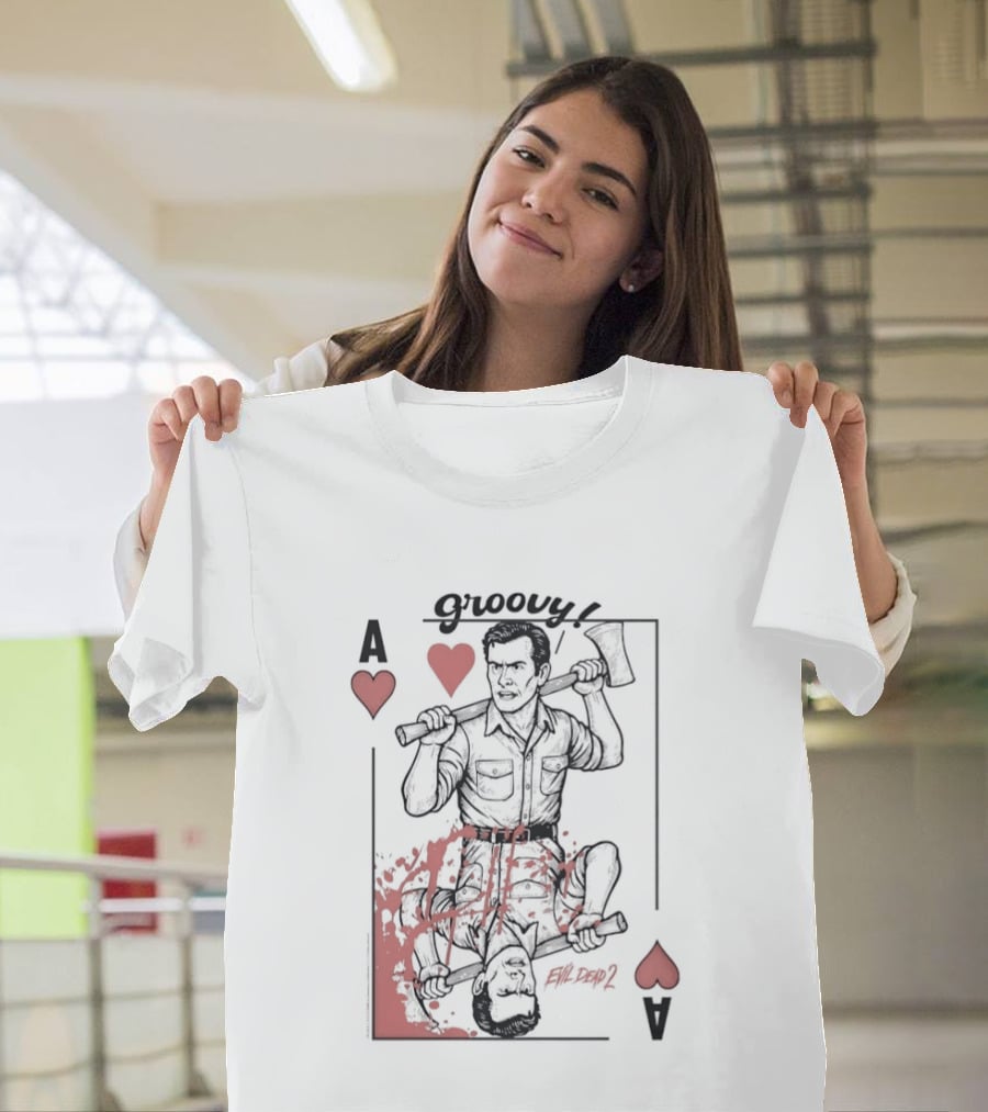 Groovy Ash Evil Dead 2 Ace Of Hearts Chainsaw Playing Card T-Shirt