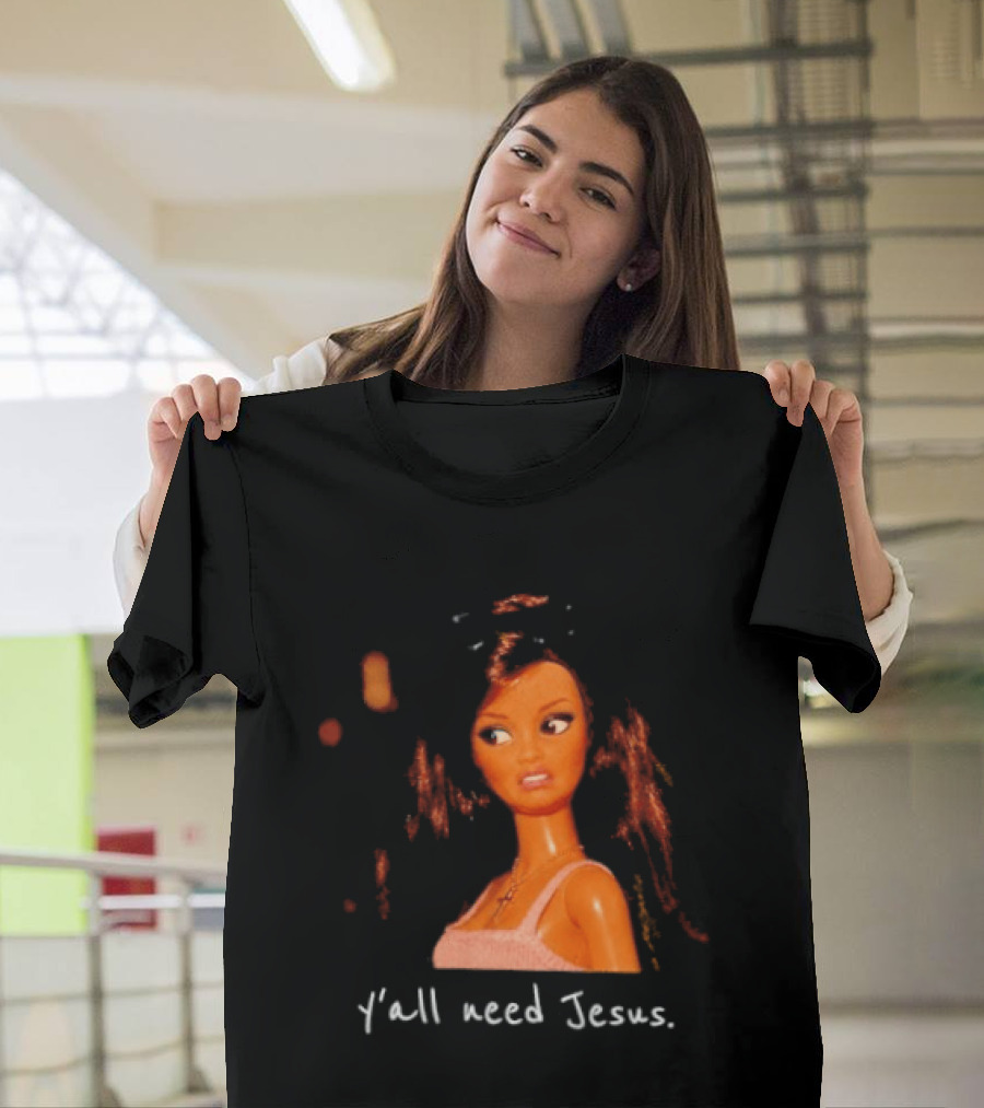 Y'all Need Jesus Doll Funny Meme Brown Hair Orange Dress T-Shirt