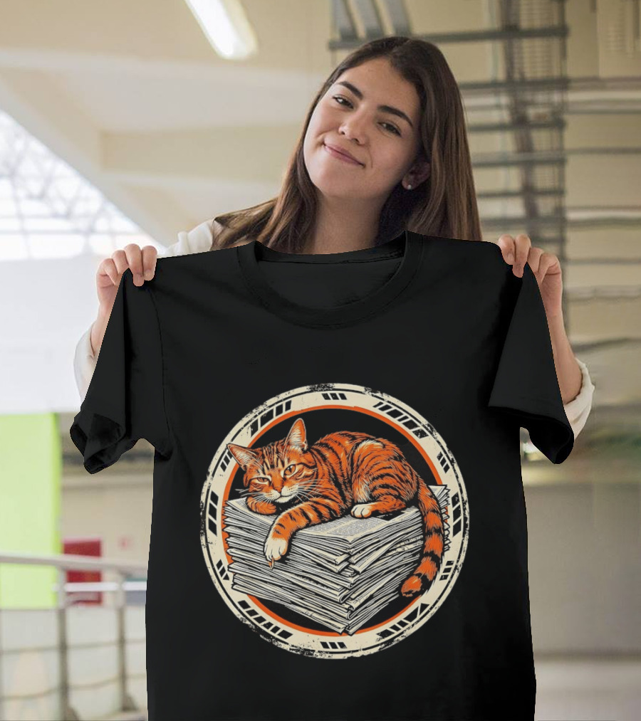 Orange Cat Relaxing On Stack Of Newspapers In Circle T-Shirt