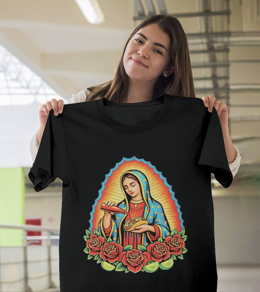 Our Lady Of Guadalupe Hot Sauce Taco With Roses And Lime T-Shirt