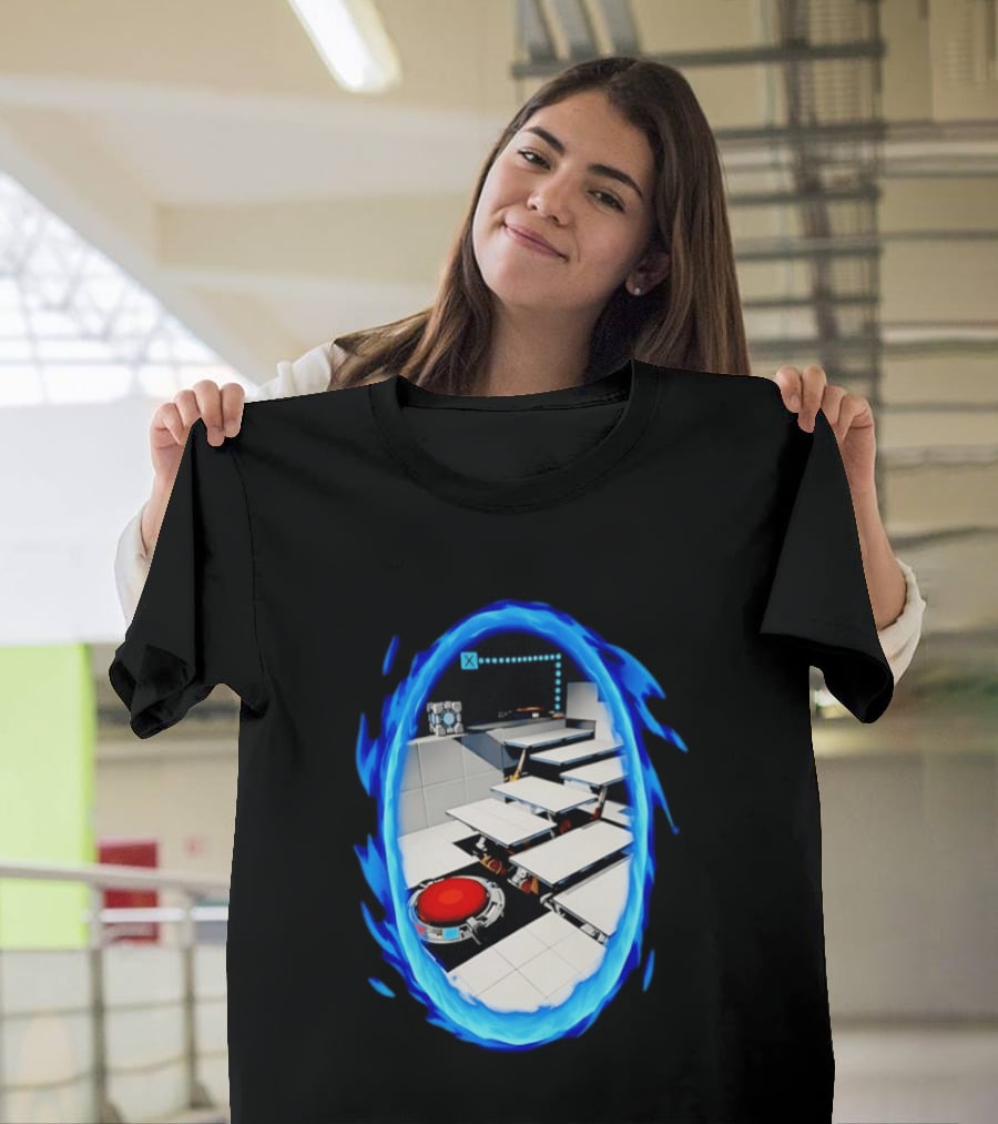 Portal Weighted Companion Cube Aperture Science Test Chamber Blue Portal Steps T-Shirt