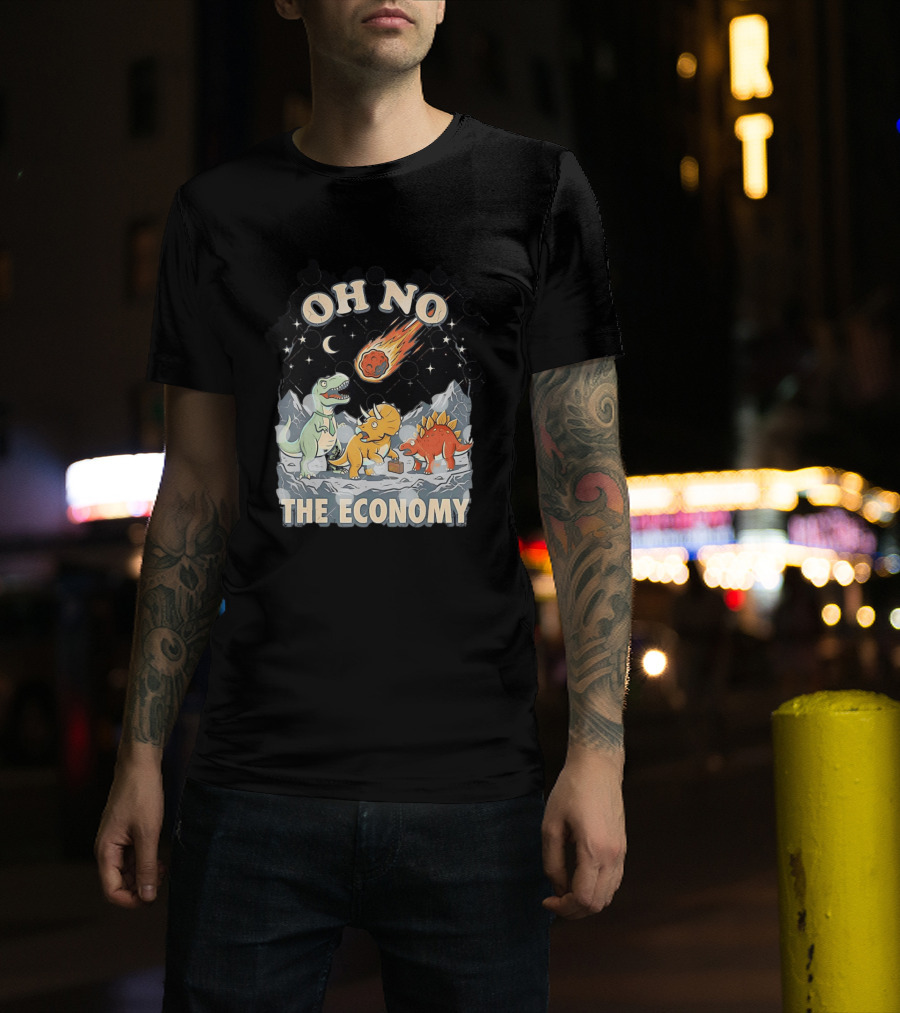 Oh No The Economy Dinosaurs Meteor Cartoon Funny Design Dinosaur Comic T-Shirt
