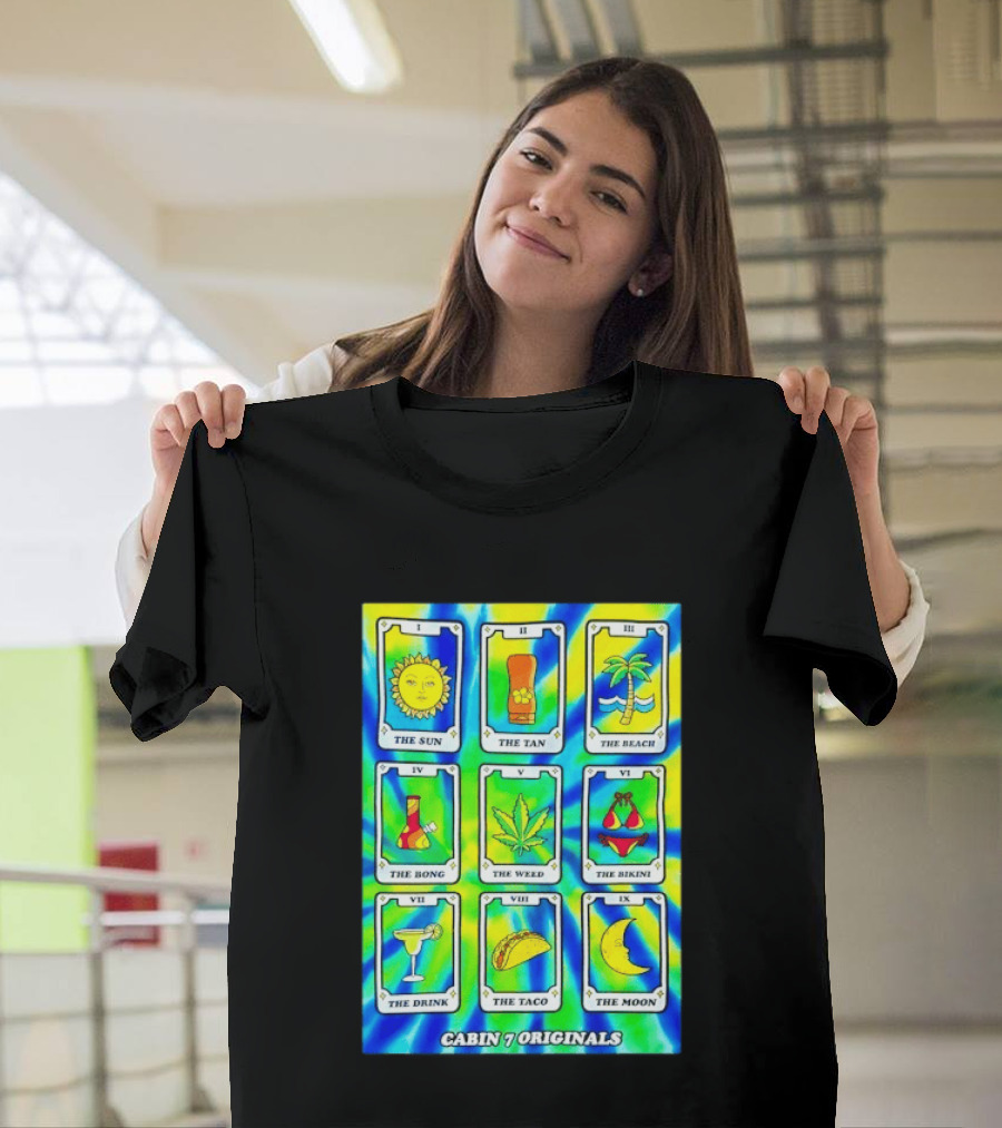 Cabin 7 Originals Tarot Cards Sun Tan Beach Bong Weed Bikini Drink Taco Moon T-Shirt