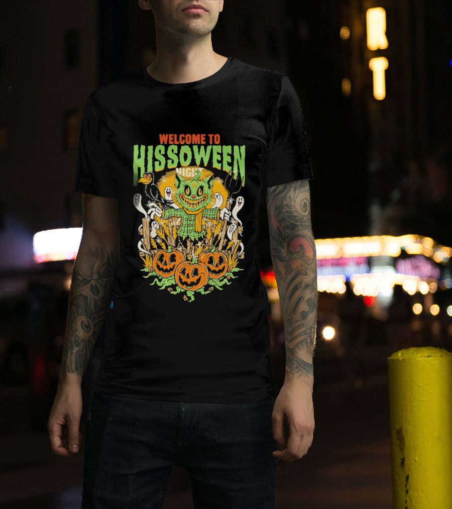 Welcome To Hissoween Night Cat Ghost Scarecrow Pumpkin T-Shirt