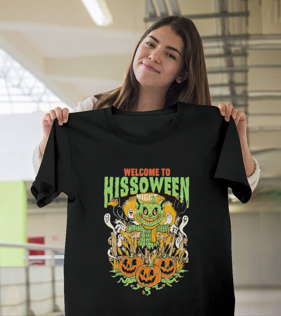 Welcome To Hissoween Night Cat Ghost Scarecrow Pumpkin T-Shirt