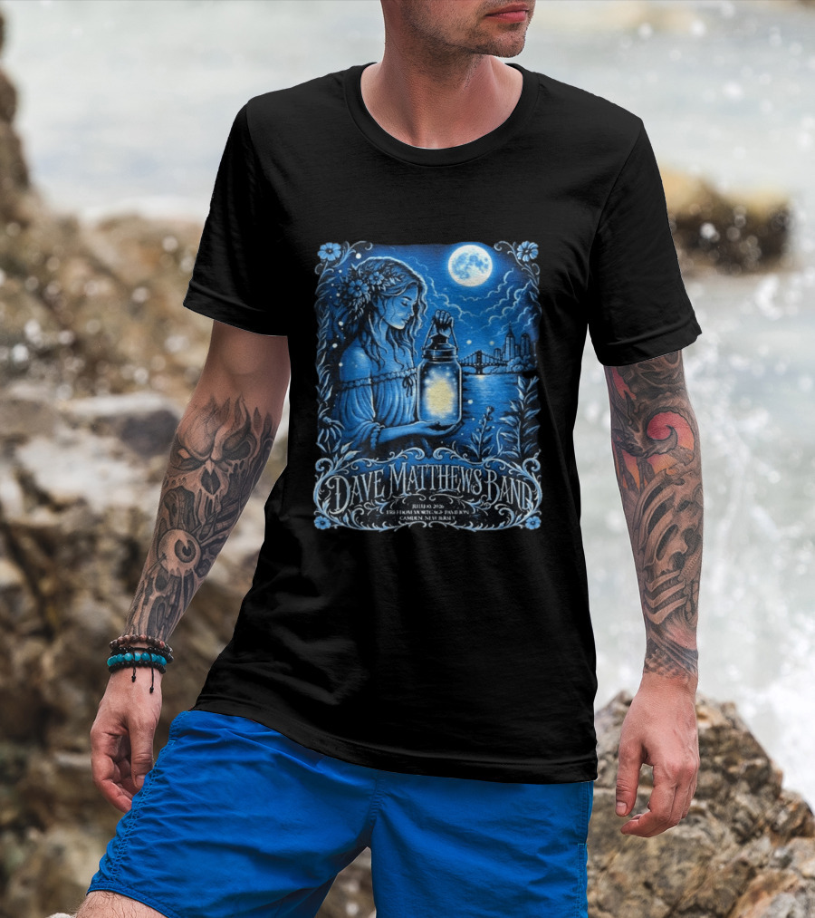 Dave Matthews Band July 10 2026 Freedom Mortgage Pavilion Camden New Jersey Moonlit Lantern And City Skyline T-Shirt