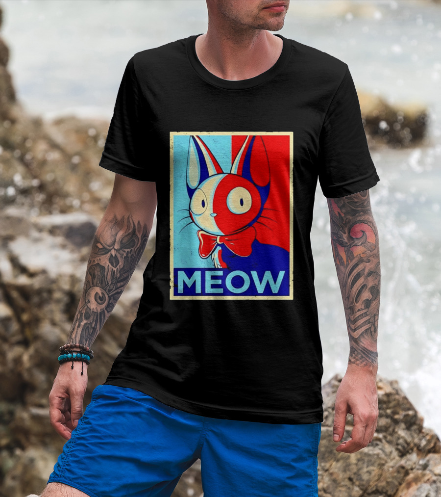 Meow Red Blue Cat Bow Tie T-Shirt